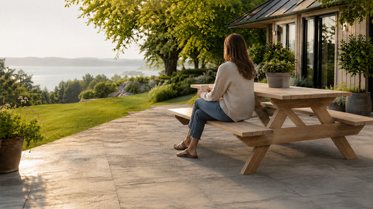 Trebord med benker på terrasse – bygg selv med byggeguide fra Bygg Enkelt